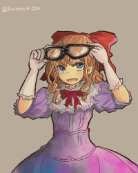 Rule 34 | 1girl, anrietta rochefort, arc the lad, arc the lad iii, blue eyes, brown hair, commentary request, curly hair, dress, glasses, gloves, long hair, looking at viewer, ribbon, smile, solo