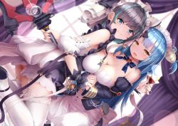 Rule 34 | 2girls, apron, asymmetrical docking, azur lane, bare shoulders, black dress, black footwear, blue eyes, blue hair, blue nails, blue ribbon, blunt bangs, blush, bow, breast press, breasts, chain, cheshire (azur lane), closed mouth, cup, curtains, day, detached collar, detached sleeves, dress, frilled apron, frilled dress, frills, from side, garter straps, holding, holding cup, holding hands, indoors, interlocked fingers, large breasts, long hair, long sleeves, looking at viewer, maid headdress, multicolored hair, multiple girls, nail polish, neck ribbon, neptune (azur lane), polearm, ribbon, rin2008, shell hair ornament, short hair, sleeveless, sleeveless dress, smile, streaked hair, sunlight, thighhighs, thighs, trident, waist apron, weapon, white apron, white legwear, white ribbon, window, yellow eyes