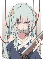 Rule 34 | 1girl, absurdres, assault rifle, automatic rifle, bags under eyes, bandaged neck, bandages, blue eyes, collarbone, dress, eyes visible through hair, girls&#039; frontline, gradient background, gun, hair between eyes, half-closed eyes, highres, holding, holding gun, holding weapon, intravenous drip, long hair, looking at viewer, open mouth, ribeyrolles (girls&#039; frontline), ribeyrolles 1918, rifle, sakakiba misogi, sidelocks, silver hair, simple background, solo, upper body, very long hair, wavy hair, weapon