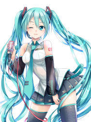 Rule 34 | 1girl, cowboy shot, detached sleeves, green eyes, green hair, hatsune miku, headset, highres, long hair, matching hair/eyes, microphone, nail polish, necktie, omoomomo, one eye closed, simple background, skirt, solo, tattoo, thighhighs, twintails, very long hair, vocaloid, white background