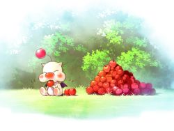 Rule 34 | apple, eating, final fantasy, food, food focus, fruit, grass, moogle, no humans, sitting, solo, technoheart, wings