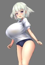 Rule 34 | 1girl, :d, arms at sides, bare legs, blush, bouncing breasts, breasts, bursting breasts, buruma, grey background, gym shirt, gym uniform, heart, heart-shaped pupils, highres, huge breasts, looking at viewer, motion lines, open mouth, oppai loli, original, pink eyes, shiny skin, shirt, short hair, short sleeves, shortstack, silver hair, simple background, smile, standing, symbol-shaped pupils, taut clothes, two side up, underwear, watari1118, white shirt