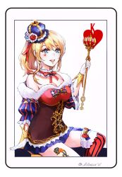 Rule 34 | 10s, 1girl, :d, ayase eli, blonde hair, blue eyes, breasts, cleavage, crown, facial tattoo, fur trim, heart, heart tattoo, lilaccu, love live!, love live! school idol festival, love live! school idol project, open mouth, scepter, simple background, skirt, smile, solo, staff, striped clothes, striped thighhighs, tattoo, thighhighs, vertical-striped clothes, vertical-striped thighhighs