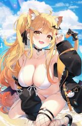 Rule 34 | 1girl, ahoge, alternate costume, animal ears, armpit crease, armpits, ayamy, bare shoulders, beach, between legs, bikini, black choker, black jacket, blonde hair, bow, braid, breasts, cat ears, cat girl, cat tail, choker, cleavage, collarbone, day, extra ears, fang, fishnet thighhighs, fishnets, front-tie bikini top, front-tie top, gradient hair, hair ornament, hair ribbon, hairclip, halterneck, hand between legs, hand up, heart, highres, hololive, jacket, kemonomimi mode, kneeling, large breasts, long hair, long sleeves, looking at viewer, multicolored hair, nail polish, navel, off shoulder, open clothes, open jacket, open mouth, orange eyes, outdoors, ribbon, sandals, side ponytail, sidelocks, single thighhigh, skindentation, smile, solo, stomach, string bikini, swimsuit, tail, tail bow, tail ornament, tail raised, thigh strap, thighhighs, thighs, twintails, very long hair, virtual youtuber, white bikini, yozora mel, yozora mel (streetwear)