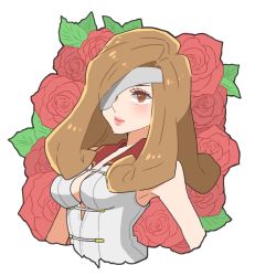 Rule 34 | 1girl, bad id, bad twitter id, beatrix, breasts, brown eyes, brown hair, closed mouth, cropped arms, cropped torso, curly hair, eyepatch, final fantasy, final fantasy ix, flower, highres, leaf, long hair, medium breasts, red flower, red rose, rose, solo, toufu (toufu 53), upper body, white background