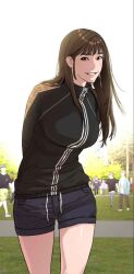 Rule 34 | 1girl, black shorts, black sweater, brown hair, choi bomi, highres, long hair, looking at viewer, open mouth, shorts, smile, solo, sweater, very long hair, viral hit