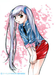 Rule 34 | 1990s (style), 1girl, brown eyes, buttons, closed mouth, copyright name, eyebrows, eyelashes, gotou keiji, hair ornament, hoshino ruri, jacket, kidou senkan nadesico, leaning forward, long hair, pencil skirt, purple hair, red skirt, retro artstyle, sketch, skirt, sleeves rolled up, smile, solo, standing, twintails, unbuttoned, very long hair