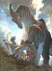 Rule 34 | animal, artist name, cloud, cloudy sky, colored sclera, commentary request, demizu posuka, eye contact, giant tree, grass, highres, impending death, looking at another, looking back, looking down, lying, no humans, on back, open mouth, original, perspective, running, sharp teeth, sky, sunlight, teeth, tree, upside-down, yellow sclera