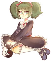 Rule 34 | 1girl, alternate hairstyle, bag, black dress, black footwear, bow, bowtie, calf socks, child, closed mouth, danganronpa (series), danganronpa another episode: ultra despair girls, dress, female focus, frilled dress, frills, full body, green eyes, hairband, handbag, highres, long sleeves, looking to the side, mary janes, matching hair/eyes, neck ribbon, red bow, red hairband, red headwear, red ribbon, ribbon, shoes, simple background, sitting, smile, solo, towa monaca, twintails, white background, white footwear
