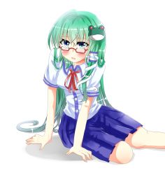 Rule 34 | 1girl, alternate costume, arm support, bespectacled, blue skirt, blush, breasts, buttons, collared shirt, commentary request, dress shirt, frog hair ornament, glasses, green eyes, green hair, hair between eyes, hair ornament, hair tubes, highres, kemo chiharu, kochiya sanae, long hair, looking at viewer, medium breasts, neck ribbon, open mouth, pleated skirt, red-framed eyewear, red ribbon, ribbon, semi-rimless eyewear, shadow, shirt, short sleeves, sitting, skirt, snake hair ornament, solo, touhou, two-tone shirt, under-rim eyewear, very long hair, white background, white shirt