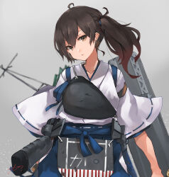 Rule 34 | 1girl, bad id, bad twitter id, blue hakama, brown eyes, brown hair, closed mouth, collarbone, commentary, flight deck, gradient background, hair between eyes, hakama, hakama short skirt, hakama skirt, highres, japanese clothes, kaga (kancolle), kaga kai ni (kancolle), kantai collection, long hair, muneate, sheath, sheathed, side ponytail, signature, simple background, skirt, solo, sunday aki, symbol-only commentary, tasuki, white background, yumi (bow)