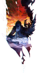 Rule 34 | 2boys, armor, belial (granblue fantasy), black feathers, black shirt, brown hair, coffin, dusk, feathers, gauntlets, gradient sky, granblue fantasy, hair between eyes, holding hands, kiss, kissing hand, lucilius (granblue fantasy), lying, male focus, messy hair, multiple boys, orange sky, red sky, shirt, short hair, shoulder armor, silhouette, sky, sky kbuc, spoilers, topless male, translation request, tree, white background, white feathers, white hair, yaoi