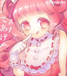 Rule 34 | 1girl, :q, bad id, bad pixiv id, double bun, finger to mouth, frills, gloves, gradient background, gulico (otoca d&#039;or), gulico (otoca doll), hair bun, hitohira (shiroringo48), long hair, lowres, otoca d&#039;or, pink background, pink eyes, pink hair, pink theme, solo, tongue, tongue out, white gloves