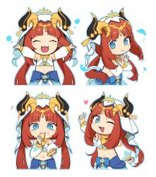 Rule 34 | 1girl, :d, absurdres, arm up, arms up, bare shoulders, blue eyes, blush, bow, brooch, crop top, cropped torso, detached sleeves, eating, fake horns, flat chest, food, genshin impact, happy, harem outfit, heart, highres, horns, jewelry, long hair, long sleeves, looking at viewer, low twintails, multiple views, navel, nilou (genshin impact), one eye closed, ooyun, open mouth, puffy long sleeves, puffy sleeves, red hair, simple background, skirt, smile, stomach, twintails, v, veil