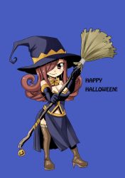 Rule 34 | 1girl, bare shoulders, blue background, boots, bow, bowtie, breasts, broom, brown eyes, chibi, choker, cleavage, elbow gloves, erza scarlet, fairy tail, full body, gloves, hair over one eye, halloween, halloween costume, hat, high heel boots, high heels, holding, holding broom, jack-o&#039;-lantern, large breasts, long hair, mashima hiro, midriff peek, navel, official art, red hair, simple background, skirt, sleeveless, smile, solo, thigh boots, thighhighs, witch hat