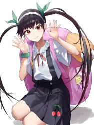 Rule 34 | 1girl, absurdres, backpack, bag, bandaid, bandaid on knee, bandaid on leg, black hair, black skirt, bracelet, cherry, closed mouth, commentary, english commentary, food, fruit, green ribbon, hachikuji mayoi, hair ribbon, hands up, highres, jewelry, kneeling, long hair, looking at viewer, mac star, monogatari (series), oversized object, red eyes, ribbon, shirt, short sleeves, simple background, skirt, smile, solo, suspender skirt, suspenders, white background, white shirt
