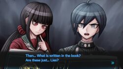 Rule 34 | 1boy, 1girl, absurdres, ahoge, artist name, black jacket, black sailor collar, blunt bangs, book, buttons, danganronpa (series), danganronpa v3: killing harmony, double-breasted, earrings, english text, grey eyes, grey hair, hair between eyes, hair ornament, hairclip, harukawa maki, highres, jacket, jewelry, long hair, low twintails, mole, mole under eye, official style, open book, randomnoisesart, reading, red scrunchie, red shirt, saihara shuichi, sailor collar, scrunchie, shirt, short hair, striped clothes, striped jacket, teeth, tongue, twintails, upper body, upper teeth only
