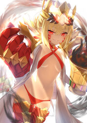 Rule 34 | 1girl, ahoge, backlighting, bikini, blonde hair, braid, breasts, chalice, criss-cross halter, crown, cup, dragon claw, dragon tail, elbow gloves, facial mark, fate/grand order, fate (series), french braid, gloves, grin, hair bun, hair intakes, hair ribbon, halterneck, highres, jitome, light rays, long hair, looking at viewer, navel, nero claudius (fate), nero claudius (fate) (all), open clothes, pointy ears, queen draco (fate), queen draco (second ascension) (fate), red bikini, red eyes, red ribbon, ribbon, robe, single glove, small breasts, smile, solo, swimsuit, tail, umi endu, white gloves, white robe