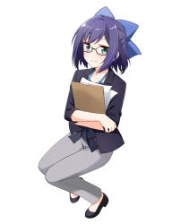 Rule 34 | 1girl, a-chan (hololive), absurdres, aqua eyes, black-framed eyewear, black jacket, blazer, blue bow, blue eyes, blue hair, bow, closed mouth, felutiahime, formal, full body, glasses, grey pants, hair bow, highres, hololive, jacket, long sleeves, looking at viewer, office lady, pant suit, pants, semi-rimless eyewear, short hair, simple background, smile, solo, suit, swept bangs, virtual youtuber, white background