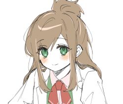 1girl ace_attorney blush brown_hair closed_mouth coat ema_skye green_eyes gyagul_02 lab_coat long_hair looking_at_viewer neckerchief open_clothes open_coat red_neckerchief smile solo upper_body white_background white_coat