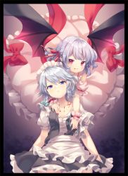 Rule 34 | 2girls, bat wings, black border, blood, blood from mouth, blue eyes, border, bow, closed mouth, grey hair, izayoi sakuya, looking at viewer, maid, maid headdress, mimi (mimi puru), multiple girls, no headwear, purple hair, red bow, red eyes, remilia scarlet, short hair, short sleeves, smile, touhou, wings, wrist cuffs