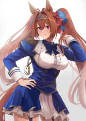 Rule 34 | 1girl, absurdres, aiguillette, animal ears, antenna hair, blue bow, blue bowtie, blue jacket, blue skirt, blush, bow, bowtie, breasts, brown hair, buttons, center frills, contrapposto, daiwa scarlet (umamusume), double-breasted, epaulettes, fang, framed breasts, frilled shirt, frills, garter straps, hair between eyes, hair intakes, highres, horse ears, horse girl, horse tail, jacket, juliet sleeves, large breasts, layered skirt, long hair, long sleeves, looking at viewer, miniskirt, nida keita, overskirt, pleated skirt, puffy sleeves, red eyes, shirt, skirt, solo, tail, tiara, twintails, umamusume, underbust, very long hair, wavy mouth, white shirt, white skirt