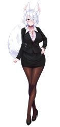 Rule 34 | 1girl, animal ear fluff, animal ears, azarashi soft, black-framed eyewear, black footwear, black skirt, black suit, blast (lyricbox), blue eyes, blush, breasts, choker, cleavage, closed mouth, crossed bangs, feet, female focus, formal, full body, game cg, glasses, hair between eyes, hair over one eye, hair tubes, hand on own hip, high heels, highres, hip focus, huge breasts, jewel (the black canvas), legs, looking at viewer, lulu (one shota one), nose blush, one shota one, pantyhose, skirt, smile, solo, standing, suit, tachi-e, tail, thighs, transparent background, twintails, white hair
