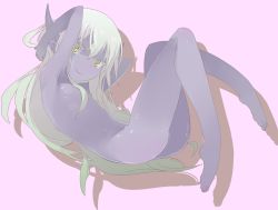 Rule 34 | 1girl, armpits, ass, barefoot, colored skin, earrings, feet, flat chest, horns, jewelry, long hair, nude, original, pointy ears, purple skin, smile, solo, ume (datsuryokugen), very long hair, white hair, yellow eyes
