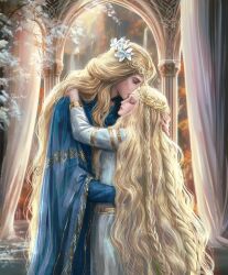 Rule 34 | 2boys, arm around shoulder, arm around waist, blonde hair, blue robe, braid, brothers, circlet, closed eyes, crown, develvdeva, elden ring, gem, godwyn the golden, gold circlet, gold embroidery, gold trim, half-siblings, hand in another&#039;s hair, hand on another&#039;s head, hand on another&#039;s shoulder, head wreath, height difference, hug, kiss, kissing forehead, long braid, long hair, male focus, miquella (elden ring), multiple boys, multiple braids, pearl (gemstone), pillar, robe, siblings, stone pillar, very long hair, wavy hair, white robe, wide sleeves