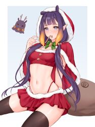 Rule 34 | 1girl, absurdres, alternate costume, bell, blue eyes, candy, candy cane, christmas, commentary, english commentary, evangellium, food, fur-trimmed skirt, fur trim, highres, hololive, hololive english, ninomae ina&#039;nis, pointy ears, purple hair, red hood, red skirt, skirt, takodachi (ninomae ina&#039;nis), virtual youtuber