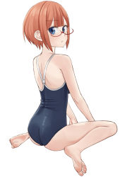 Rule 34 | 1girl, ass, back, barefoot, blue eyes, blue one-piece swimsuit, blunt bangs, bokutachi wa benkyou ga dekinai, brown hair, competition school swimsuit, easy (aqk7bdqt), feet, from side, frown, full body, glasses, looking at viewer, ogata rizu, one-piece swimsuit, school swimsuit, short hair, simple background, sitting, soles, solo, swimsuit, toes, wariza, white background