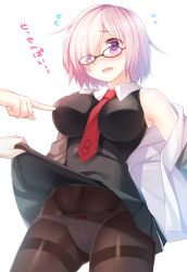 Rule 34 | 1girl, between breasts, black dress, blush, bow, bow panties, breast poke, breasts, brown-framed eyewear, clothes lift, clothes pull, collared shirt, commentary request, covered navel, dress, dress lift, embarrassed, eyes visible through hair, fate/grand order, fate (series), flying sweatdrops, from below, glasses, hair over one eye, hood, hoodie, izumi akane, large breasts, light purple hair, looking down, mash kyrielight, necktie, necktie between breasts, open mouth, panties, panties under pantyhose, pantyhose, pink hair, poking, purple eyes, red bow, red necktie, shirt, short hair, simple background, skirt, skirt lift, sleeveless, sleeveless shirt, solo, sweater, sweater pull, thighband pantyhose, translated, twitter username, underwear, white background, white panties, white shirt