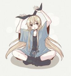Rule 34 | 1girl, alternate costume, black socks, blonde hair, blush, cocax x, collarbone, full body, grey background, grey eyes, hair between eyes, highres, kantai collection, long hair, open clothes, open mouth, shimakaze (kancolle), short sleeves, simple background, socks, solo, twitter username, wide sleeves