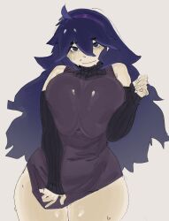 Rule 34 | 1girl, bare shoulders, breasts, creatures (company), game freak, hairband, hex maniac (pokemon), highres, huge breasts, khentaiu, long hair, nintendo, pokemon, pokemon xy, solo, sweat, sweater, thick thighs, thighs, very long hair