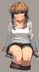 Rule 34 | 1girl, artist logo, artist name, black hair, black skirt, black socks, blush, breasts, closed mouth, collarbone, cropped legs, ergot, feet out of frame, fubuki (kancolle), green eyes, grey background, highres, kantai collection, legs together, long sleeves, looking at viewer, medium breasts, pleated skirt, shirt, short hair, short ponytail, simple background, skirt, socks, solo, white shirt