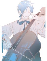 Rule 34 | 1boy, alternate costume, black pants, blue hair, blue ribbon, cello, closed eyes, closed mouth, commentary, cowboy shot, facing viewer, frilled shirt collar, frills, hair ribbon, highres, holostars, holostars english, instrument, male focus, music, neck ribbon, pants, parted bangs, pillarboxed, playing instrument, regis altare, ribbon, shirt, sleeves past wrists, solo, to e, virtual youtuber, white shirt