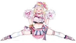 Rule 34 | 1girl, absurdres, arm garter, bandeau, black camisole, blonde hair, blush, camisole, cheerleader, choker, clothes writing, crop top, crop top overhang, crying, facial mark, food-themed hair ornament, frilled choker, frilled sash, frilled skirt, frills, full body, gradient hair, hair ornament, hairclip, highres, holding, holding pom poms, hololive, inline skates, layered skirt, medium hair, midriff, miniskirt, momosuzu nene, momosuzu nene (cheerleader), multicolored hair, navel, official alternate hair length, official alternate hairstyle, peach hair ornament, pink choker, pink hair, pink sash, pink skirt, pom pom (cheerleading), pom poms, roller skates, sash, sideways hat, simple background, skates, skirt, split, suzu coconatu, thighhighs, trembling, virtual youtuber, visor cap, white background, white bandeau, white footwear, white thighhighs