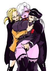Rule 34 | 1girl, 2boys, adler (akatsuki blitzkampf), akatsuki blitzkampf, blonde hair, breasts, cape, clothed sex, colored skin, fingering, gender request, genderswap, grabbing, grabbing another&#039;s breast, group sex, hachi usagi, hair over one eye, hand in panties, hat, huge breasts, long hair, military, military uniform, mmf threesome, multiple boys, mycale, panties, perfecti, pink skin, sandwiched, sex, short hair, short twintails, shorts, simple background, sketch, thighhighs, threesome, twintails, underwear, uniform, white hair