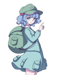 Rule 34 | 1girl, absurdres, aqua eyes, backpack, bag, blouse, blue hair, blue shirt, blue skirt, blunt bangs, cowboy shot, eyebrows hidden by hair, flat cap, from side, green bag, green hat, hair bobbles, hair ornament, hat, highres, index finger raised, kame (kamepan44231), kawashiro nitori, looking at viewer, one-hour drawing challenge, open mouth, shirt, short hair, simple background, skirt, solo, standing, touhou, twintails, white background