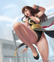 Rule 34 | 1girl, alternate hairstyle, bracelet, braid, breasts, brown hair, cameltoe, capcom, china dress, chinese clothes, chun-li, cleavage, clenched hand, cloud, cloudy sky, dress, fighting stance, gluteal fold, highres, jewelry, legs, long hair, mezzo (orbanga21), official alternate costume, open mouth, panties, pelvic curtain, sky, solo, standing, standing on one leg, street fighter, street fighter v, thighs, twin braids, underwear
