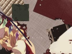 Rule 34 | 1girl, 2019, animated, animated gif, artificial wings, artist name, blinking, blonde hair, crystal, facing viewer, flandre scarlet, from behind, hat, holding, holding stuffed toy, hug, kyoto fantasy troupe, looking at viewer, lowres, mob cap, ponytail, puffy short sleeves, puffy sleeves, red eyes, short sleeves, side ponytail, smile, solo, stuffed animal, stuffed toy, teddy bear, touhou, wings