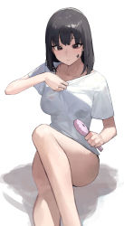 Rule 34 | 1girl, absurdres, black hair, blush, breasts, closed mouth, closed eyes, facial tattoo, highres, holding, legs, looking down, mac star, medium breasts, original, red eyes, shirt, short hair, short sleeves, simple background, sitting, solo, star tattoo, t-shirt, tattoo, thighs, white background, white shirt