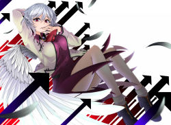 Rule 34 | 1girl, angel wings, arrow (symbol), ascot, bow, breasts, brooch, dress, hand on mouth, hand to own mouth, highres, jacket, jewelry, kishin sagume, knees up, large breasts, legacy of lunatic kingdom, long sleeves, looking at viewer, open clothes, open jacket, pantyhose, purple dress, purple eyes, red bow, rihito (usazukin), shoes, short dress, silver hair, single wing, solo, striped, striped background, thighs, touhou, wings