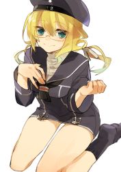 Rule 34 | 1girl, anchor, aqua eyes, beret, blonde hair, blue socks, clothes writing, cosplay, dress, glasses, hand on own chest, hat, hita (hitapita), i-8 (kancolle), kantai collection, long sleeves, looking at viewer, low twintails, neckerchief, no pants, sailor collar, sailor dress, sailor hat, sitting, smile, socks, thighs, twintails, wariza, z1 leberecht maass (kancolle), z1 leberecht maass (kancolle) (cosplay)