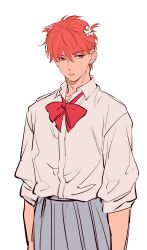 Rule 34 | 1boy, absurdres, arms at sides, bow, bowtie, closed mouth, collared shirt, cowboy shot, crossdressing, dress shirt, earrings, flower, flower earrings, grey skirt, hair flower, hair ornament, highres, jewelry, looking at viewer, male focus, red bow, red bowtie, red eyes, red hair, sakuragi hanamichi, school uniform, shirt, short hair, simple background, sketch, skirt, slam dunk (series), solo, two side up, u-min, white background, white flower, white shirt