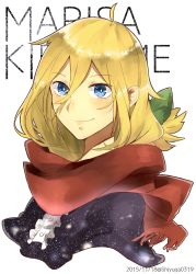 Rule 34 | 1girl, alternate hairstyle, bad id, bad twitter id, blonde hair, blue eyes, blush, character name, dated, highres, kirisame marisa, looking at viewer, no headwear, no headwear, satoukouki, scarf, shirt, simple background, smile, solo, touhou, twitter username, upper body, white background