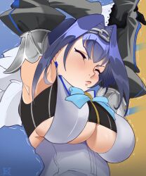 Rule 34 | 1girl, armpits, arms up, black gloves, blue bow, blue hair, blue ribbon, bow, bow earrings, breasts, chain, chain headband, cleavage cutout, closed eyes, clothing cutout, collar, detached sleeves, earrings, gloves, hair intakes, head chain, highres, hololive, hololive english, i dreamofsleep, jewelry, large breasts, ouro kronii, ouro kronii (1st costume), ribbon, shirt, short hair, signature, sleeveless, sleeveless shirt, solo, stretching, underboob, underboob cutout, veil, virtual youtuber