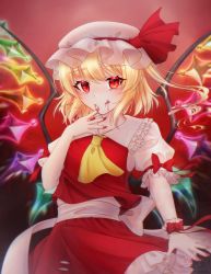 Rule 34 | 1girl, :q, absurdres, artist name, back bow, bat wings, blonde hair, blood, blood on face, blood on hands, bow, collarbone, commentary request, crystal, fang, fang out, fingernails, flandre scarlet, frilled shirt collar, frilled skirt, frilled sleeves, frills, gradient background, hand to own mouth, hat, hat ribbon, highres, medium hair, mob cap, one side up, open mouth, pointy ears, puffy short sleeves, puffy sleeves, rainbow order, red background, red bow, red eyes, red vest, ribbon, rina sukareltuto, sash, shirt, short sleeves, side ponytail, signature, skirt, solo, standing, tongue, tongue out, touhou, twitter username, upper body, vest, white hat, white ribbon, white sash, white shirt, wings, wrist cuffs, yellow neckwear