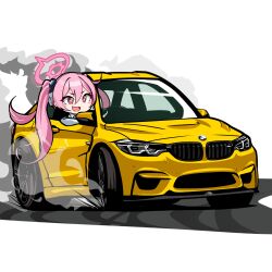 Rule 34 | 1girl, :d, blue archive, bmw, bmw m4, car, collared shirt, drifting, fang, hair between eyes, hair ornament, halo, hashtag-only commentary, highres, koyuki (blue archive), long hair, long sleeves, motor vehicle, nougat (73r1r1), open mouth, pink eyes, pink hair, pink halo, shirt, sidelocks, simple background, skin fang, smile, solo, twintails, v-shaped eyebrows, vehicle focus, very long hair, white background, white shirt, yellow car