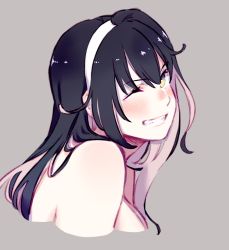 Rule 34 | 1girl, bad id, bad twitter id, bare shoulders, black hair, cropped torso, grey background, hair down, hairband, highres, kantai collection, long hair, multicolored hair, naganami (kancolle), one eye closed, pink hair, simple background, solo, two-tone hair, upper body, uyama hajime, white hairband, yellow eyes